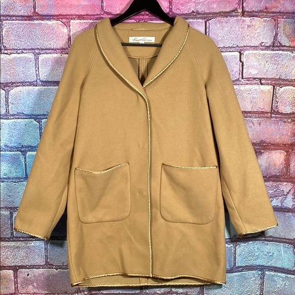 Kenneth Cole Wool Blend Coat L Camel Tan Open Front Minimalist Long Jacket